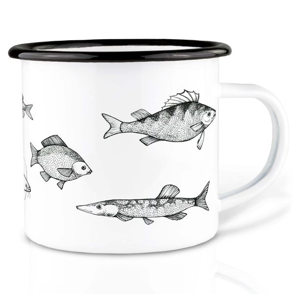 Tasse Becher Emaille Süßwasserfische s/w 300ml von Ligarti