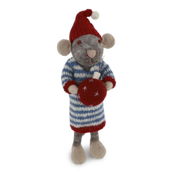 Kleine graue Maus mit Christbaumkugel und Kleid von Gry&Sif